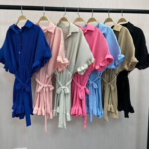 KatchMe Women's Trendy Plain Collared Neck Partial Button Short Sleeve Waist Tie Playsuit,Solid Color Frill Street Womenswear,Summer Outfits 2024