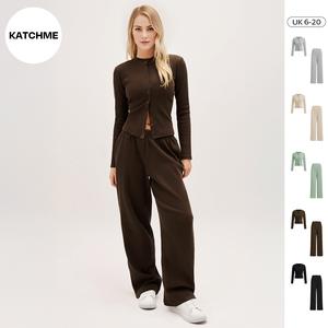 KatchMe Women's Minimalist Solid Color Button-Up Long Sleeve Slim Top & Wide Leg Trousers Co-ord, Comfort Basic Co-ord Set for Lady Spring & Fall