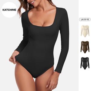 KatchMe Women's Casual Seamless Solid Color U Neck Long Sleeve Stretch Bodysuit,Versatile Stretchy Seamless Womenswear,Plain Shapewear Bodysuit