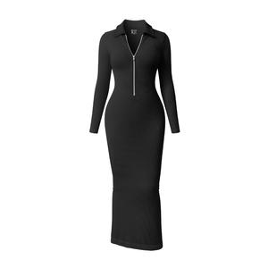 OQQ Women's Split Long Sleeve Maxi Dress Zipper Ribbed Bodycon Soft Lounge Dresses