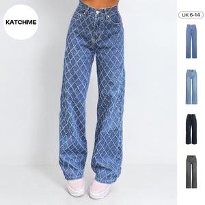 KatchMe Women's Street High Waist Diamond Lattice Wide Leg Jeans,Lady's Bottoms,Denim Trousers for Women,High Waist Trousers for Daily Wear Outdoor