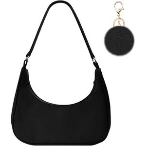Shoulder Bags for Women, Nylon Shoulder Y2K Bag, Lady Underarm Bag, Mini Handbags with Pom Pom Keychain and Zipper Closure - Gift for Christmas, Birthday and Anniversary