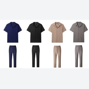 Premium Clovu Mens Co-ord Trousers Shirt Set Smart Summer Premium Quality Breathable Clothes Fabric Formal Menswear Casual Day Stylish Holiday Outfit Beach Outerwear Dinner Date Smart Luxury  Fabric Suits Beige Gamis Multicolor Plain Shortsleeve Tropical