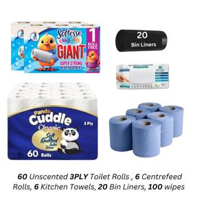 "Best Family exclusive" PANDA CUDDLE SOFTEESE  60 Non Scented 3ply Toilet Rolls, 6 Kitchen Towels 3x2pk, 6 Blue Centrefeed, 100 Multi Surface  Wipes and 20 bin bags Tissue Lightweight wipe kit cleaning