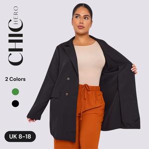 ChicHero Solid Colour Long Sleeve Double Breasted  Long Coat Women - Navy & Black, Elegance Fit, Formal Jackets, Minimalist Basic Blazer everyday coat black  friday  sale trench coat