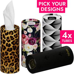 tishoo Hyaluronic Acid-infused 4-ply Ultra Luxury Tissues | for Car Cup Holders, Home & Travel | 4 tubes in Plastic-free packaging