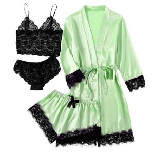 New four-piece lacy satin halter Pajama Women's Set Pajama Casual Women's Underwear Home Comfort Pajama Basic long-sleeved minimalism Loungewear Nightwear Womenswear Lady Homewear Pjs Pajama Set Lace Pyjamas Minimalist Comfortable Chic Feminine Fit Style