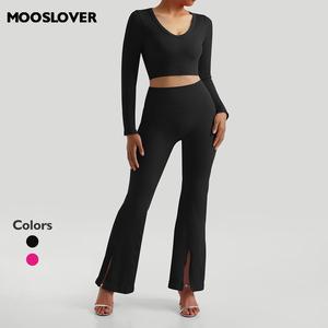Mooslover UK Women Trendy High-Waisted Ribbed Knit Front-Slit Yoga Pants Casual Comfort Knit Crop Top Fabric Fit Breathable Womenswear