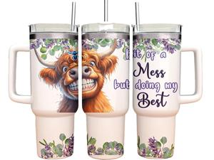 40oz Tumbler with straw - Highland cow with Lavender - Bit of a mess but doing my best - Personalised gift for her - Vacuum flask drinking cup for hot and cold drinks