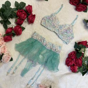 LILIOSA LINGERIE LIVE TUTU FORGET ME KNOT Mint Green Pastel Floral Embroidered Feminine Lingerie Set with Glittered Tulle  (Bra+Garter+ Pants ) Lightweight Lingerie, Summer Sets, Aqua Summer Vibes, Breathable Fabric, Cooling, Soft Summer intimates