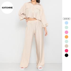 KatchMe Women's Versatile Long Sleeve Button Crop Top & Elastic Waist Side Pocket Trousers Co-ord(LIVE),Two-Piece Outfit for Daily,Basic Womenswear