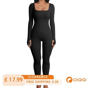 OQQ Women's Ribbed Yoga Jumpsuits Workout Long Sleeve Sport Jumpsuits