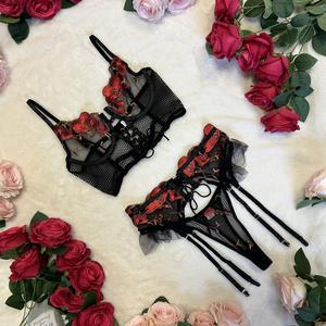 Liliosa Lingerie Cherry Cola High Quality Comfortable Sexy Everyday Essential Corset 3 Piece Set- (Clasp Bra - Clasp garter + Elasticated Pants ) Gorgeous Red Floral On Soft Black Mesh, Sexy Day Womenswear Outfit,  Adjustable Lace-up Details, Daily Outfit