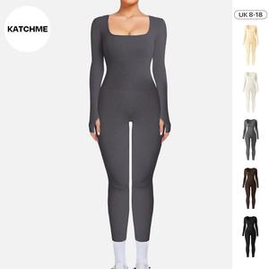 KatchMe Women's Sport Solid Color Long Sleeve Shaping Yoga Jumpsuit, Plain Womenswear, Minimalist Thumb Holes U Neck Shapewear