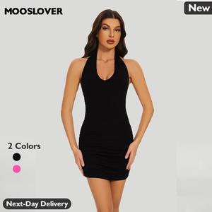 Mooslover UK Women Neck Elegant Ruched Mini Dress With Built-In Shapewear Casual Fabric Elegance Womenswear