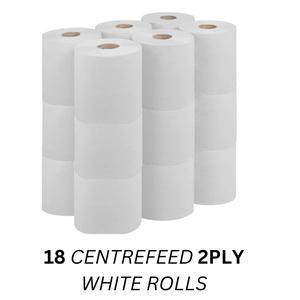2-Ply Centrefeed WHITE Rolls - Pack of 18 Rolls - Ideal for Kitchens, Bathrooms, Offices, and More - Wipes, Toilet Cleaning Towels