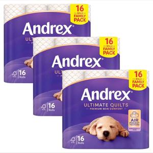 Andrex Supreme Quilts 3 Ply Tissue Rolls (Select your Pack) - Extra Soft & Absorbent, Air Pocket Texture - Sheets, Mega Pack Roll