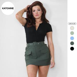 KatchMe Women's Versatile Plain High Waist Flap Pockets Mini Skirt,Trendy Solid Color A-Line Skirt With Matching Belt,Chic Women's Bottom Womenswear