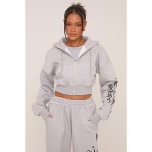Charlee Womenswear Rebellious Fashion Graphic Printed Zip Through Crop Hoodie
