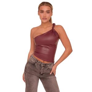 Arthur Womenswear Rebellious Fashion Twist One Shoulder Faux Leather Top