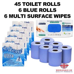 45x Toilet Rolls 3ply, 6x Blue Rolls, 6 Deep Fresh Multi Surface Wet Wipes,  Luxury Quilted, Soft and Gentle, Flushable Eco-friendly Disposable Sustainable, Family Sheets Wipes soft bathroom Set unscented