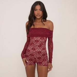 Long Sleeve Bardot Fold Over Detail Playsuit