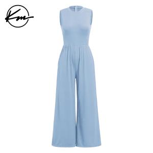 KatchMe Women's Versatile Plain Crew Neck Sleeveless Thin Waist Wide Leg Jumpsuit,Solid Color Sleeveless Tank,Trendy Stretchy Seamless Womenswear,Lady Casual Fashion Comfort Outfit for Spring & Summer,Womens Wide Leg Romper,Round Neck Holiday Outfit