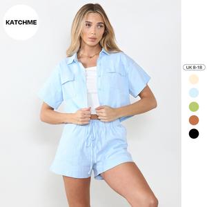 KatchMe Women's Casual Collared Neck Multi-Pocket Button Blouse & Elastic Waist Drawstring Shorts Co-ord,Basic Womenswear,Plain Summer Sets 2024