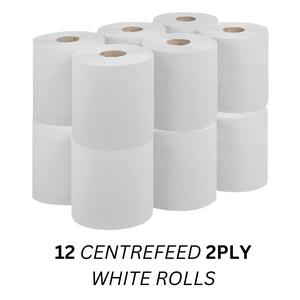 2-Ply Centrefeed WHITE Rolls - Pack of 12 Rolls - Ideal for Kitchens, Bathrooms, Offices, and More - Wipes, Toilet Cleaning Towels