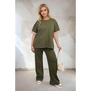 iKrush Contrast Stripe Top And Wide Leg Trouser Co-ord Set i37707 Wide Leg Co Ord Co Ord Blouse Shirts  Regular Length  Round Neck Short Sleeve Casual Workwear Occasionwear Stripe Work Family Lunch Going Out
