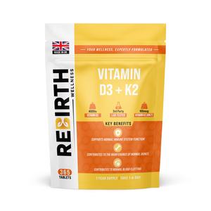 Vitamin D3 + K2 - 365 Tablets (1 Year Supply) - D3 4000iu + K2 100mcg - 3rd Party Lab Tested - Made in UK - ReBirth Wellness - Healthcare, cortisol boost