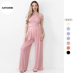 KatchMe Women's Commuter Plain Button Short Sleeve Slim Top & Ruched Pocket Wide Leg Trousers Co-ord,Round Neck Two-Piece Outfits,Basic Womenswear