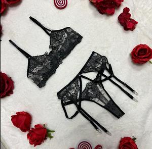 Liliosa Lingerie BERRY Floral Embroidery Mesh Sheer Black Customized 3 Piece Lingerie Set,  (Clasp  Bra + Adjustable Garter + Adjustable Panties + Thigh Straps) Elegance Comfortable Womenswear Underwear Sexy Festival Lingerie Everyday Basic Lingerie Set
