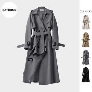 KatchMe Women's Double Breasted Belt Decor Trench Coat(8-18UK),Basic Side Pocket Outerwear Jacket,Commuter Trench Coat for Daily,Plain Womenswear