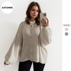 KatchMe Women's Elegant Solid Color Mock Neck Button-Up Balloon Sleeve Loose Cardigan,Casual Fashion Comfort Outfit,Trendy Cardigans for Fall & Winter