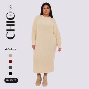 Chichero Crew Neck Oversized Knitted Midi Dress with Long Sleeves Casual Fit Elegant Jumper Polyester Womenswear Maxi Style Turtle Winter