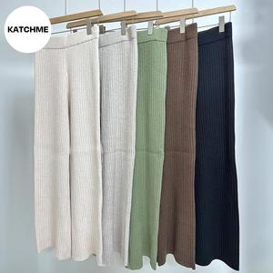 KatchMe Women's Versatile Solid Color Rib Stretch Wide Leg Trousers,Street Womenswear,Casual Elastic High Waist Pants for Daily Wear Outdoor Lounge