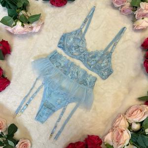 Liliosa Lingerie Sky Blue Snowflake High Quality Floral Embroidery Mesh Sheer 3 Piece Spring Lingerie Set  (Bra -clasp + Garter -clasp + Pants -adjustable)  Breathable Comfortable Womenswear Underwear Soft Thong, Sexy Lingerie, Adjustable Spaghetti Strap