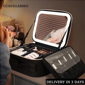 GORISGARMO Travel Makeup Bag with LED mirror Cosmetic Bag Adjustable Dividers, Makeup Organizer Bag with Lighted Mirror 3 Color Scenarios Adjustable Brightness,Waterproof, Professional Cosmetic Artist Organizer.Perfect Christmas Gift For Friend & Family.