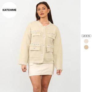 KatchMe Premium Clothing,Women's Raw Edge Silver-Toned Button Flap Pocket Jacket With Diamante Decor,Elegant Winter Outerwear With Diamante Embellishment