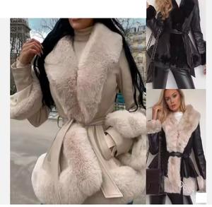 Fashion Luva Women's Faux Leather P .V .C. Jacket Short Parka Coat with Fur Collar Open Front Plush Collar Warm Cardigan with Belt Outwear Long Sleeve Womenswear Outerwear Elegant Comfort ladies
