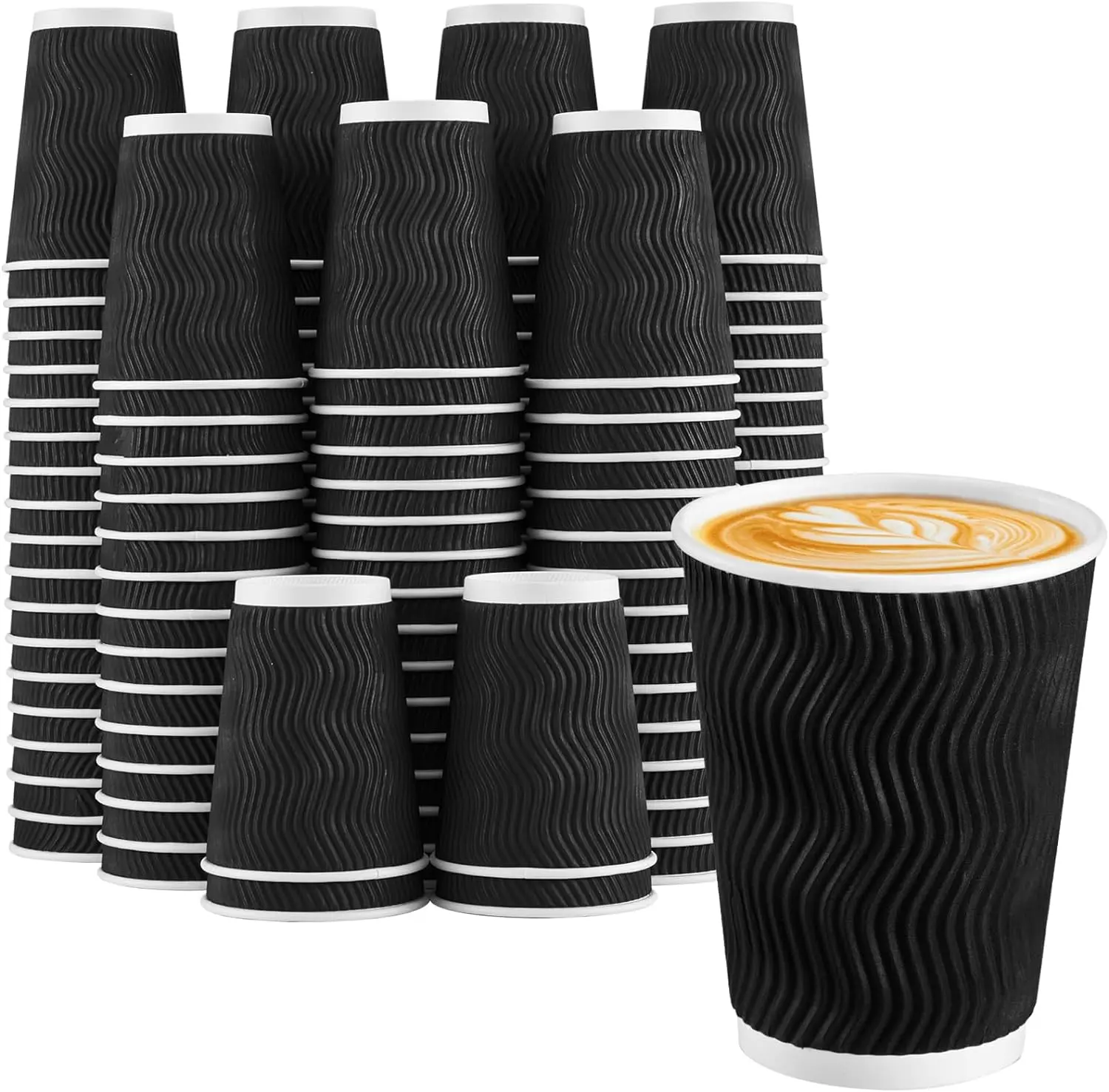 100 X 12oz Black Ripple Disposable Coffee Cups - Insulated Triple ...