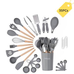 Kitchen Non Stick Cooking Utensils Set – Heat Resistant Silicone Utensils with Wooden Handle – Ladles, Spoons and Spatulas Set – Kitchen Tools & Accessories – 35pcs,  – by Nuovva