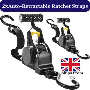 1 Unit OR 2 Pack Heavy Duty Auto Retractable Ratchet Straps, 1" x 10', 680 KG Break Strength, 1500 lbs Working Load - Automatic Telescopic Strap Tensioner