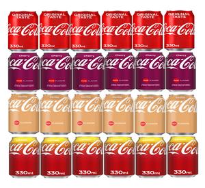 (Pack of 24) Coca Cola Mix Case; x6 Original Taste, x6 Cherry, x6 Vanilla, x6 Lemon Flavored Sparkling Soft Drink Cans 330ML