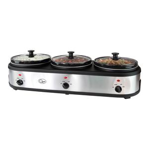Quest 3 Pot Triple Slow Cooker, Buffet Server & Food Warmer / 3 Large Sized 2.5 Litre Ceramic Pots / Lids & Lid Stands / 3 Heat Settings / Silver Stainless Steel Finish