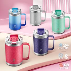 【 Office Tumbler】Meoky 414ml (14oz) Office Thermal Cup with Handle – Sweet European Style Travel Coffee Cup, Insulated Coffee Cup with 2-in-1 Straw Lid (lukewarm & cold), Perfect gift for office, travel & holidays