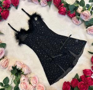 LILIOSA LINGERIE Midnight Chic Black Dimante Sparkling Babydoll Soft Breathable Lightweight 2 Piece Nightdress With Pants, Luxurious Feather Fabric Nightwear Loungewear, Gorgeous Flowy Satin Bow, Elegance Comfortable Womenswear, High Quality Mesh Sheer Ov