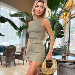 Womens Belted Dress  Playsuit Ladies Combat Cargo Pocket Sleeveless Scoop Neck Short Mini Bodycon Party Dress Comfortable Elegant Womenswear v neck plain