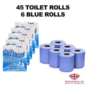 45 Toilet Rolls 3ply, 6 Blue Rolls, Luxury Quilted, Soft and Gentle, Flushable Eco-friendly Disposable Sustainable, Family Sheets Wipes soft bathroom Set unscented